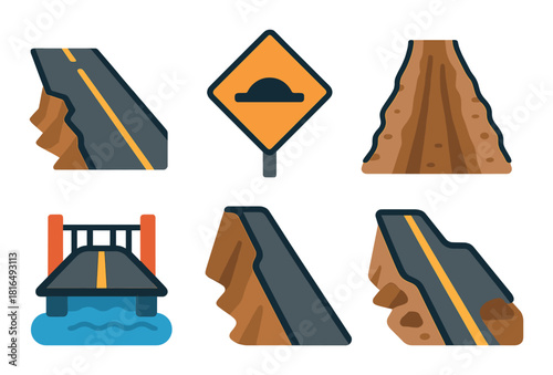 Flat icon set of various road hazards and safety signs