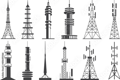 Modern towers vector set, telecom antenna silhouettes, cellular network infrastructure, wireless signal transmission, black white line art, technology icons collection