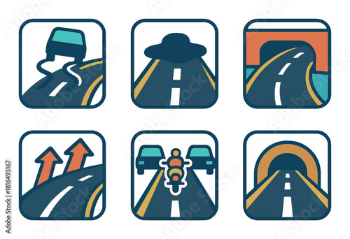 Road safety icons featuring vehicles, tunnel, slippery road, arrows, motorcycle, and ufo
