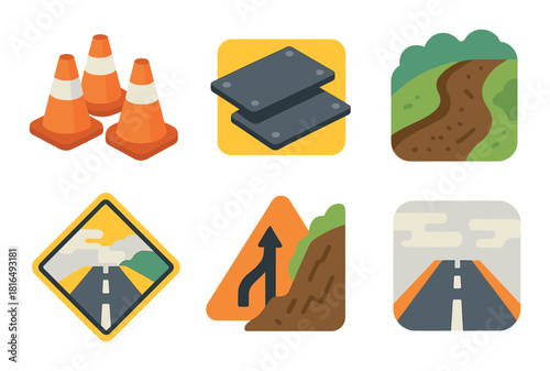 Road construction elements: traffic cones, steel plates, dirt path, signs, asphalt road