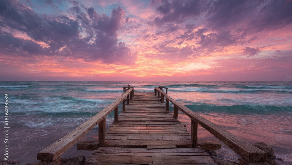Fototapeta premium A wooden pier extends towards the serene ocean under a vibrantly colored sunset sky