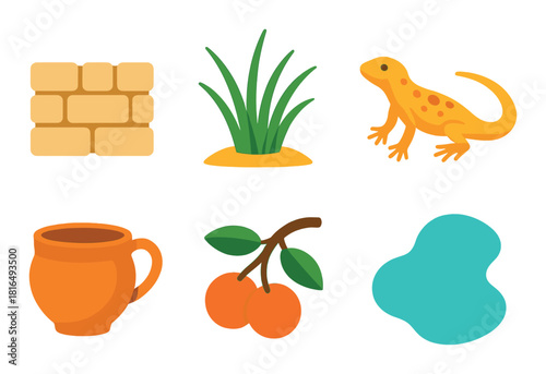 Colorful nature icons featuring lizard, plants, and fruits on gradient background