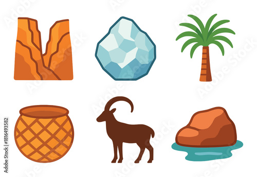 Colorful nature symbols featuring mountain, rock, palm tree, basket, goat, and crystal