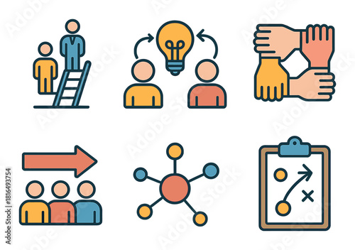 Icons representing teamwork, brainstorming, collaboration, networking, and strategy planning