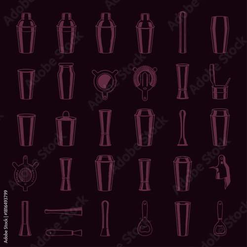 A comprehensive set of outline icons depicting various essential bar tools and cocktail-making equipment for mixology.
