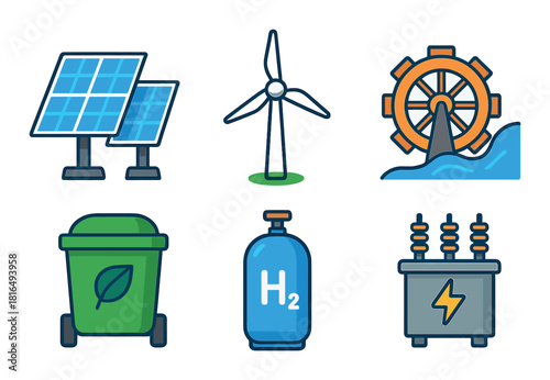 Renewable energy icons: solar panels, wind turbine, hydroelectric, biofuel, hydrogen, electric transformer