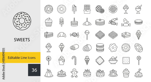 Editable line icons of various delicious sweets and desserts, perfect for culinary and lifestyle themes