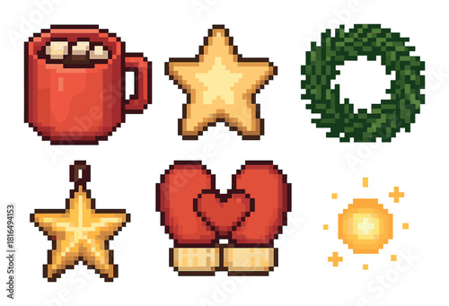 Pixel art holiday icons featuring mug and mittens with star and wreath designs