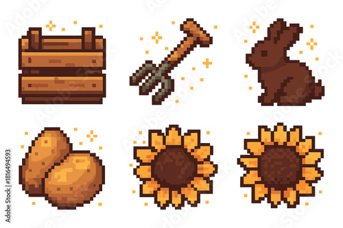 Pixel art farming icons: sunflower, potato, rabbit, crate, pitchfork
