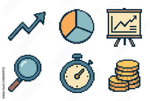 Pixel art business icons: growth, analysis, time, finance