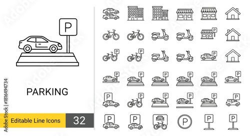 Set of editable line icons representing parking signs, vehicles like cars and bicycles, and buildings, perfect for urban planning and transport themes