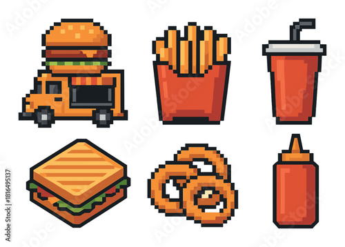 Pixel art fast food icons: burger truck, fries, soda, sandwich, onion rings, ketchup bottle