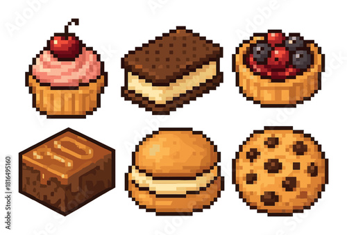 Pixel art desserts collection featuring cupcakes and cookies
