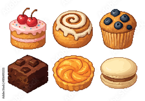 Pixel art desserts featuring cake muffin brownie tart and macaron with cherries and blueberries