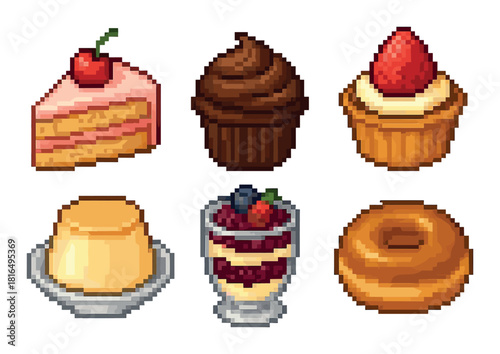 Pixel art desserts featuring cake, muffin, cupcake, flan, parfait, and donut illustrations