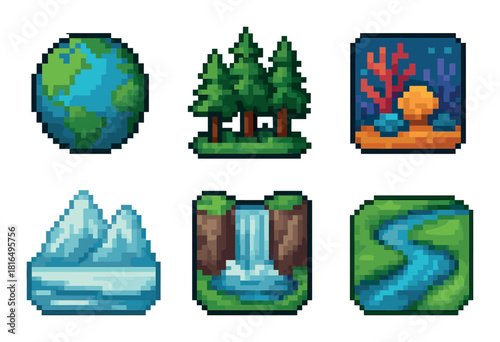 Pixel art nature icons: earth, forest, coral reef, mountains, waterfall, river