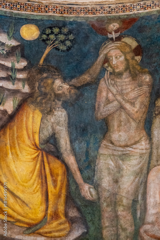 Obraz premium Fresco (14th century) of Baptism of Jesus by John the Baptist in the Jordan river.