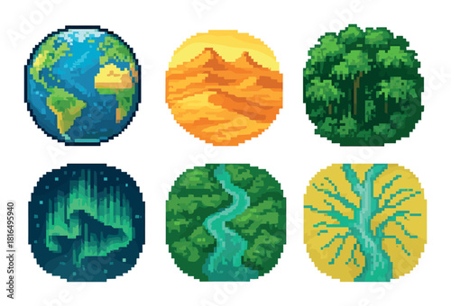 Pixel art nature icons: earth, mountains, forest, aurora, river, tree