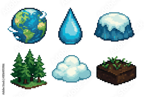 Pixel art elements: earth, water drop, snowy mountain, forest, cloud, soil