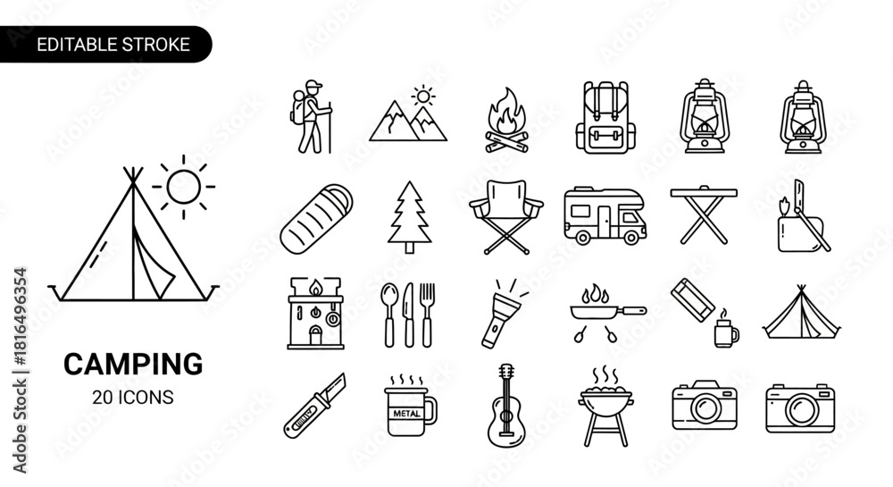 Fototapeta premium Camping Outline Icons Adventure and Outdoor Recreation
