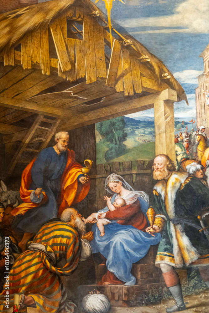Fototapeta premium Painting (19th century) of Christmas Nativity Scene : Adoration of the Magi as they present gifts of gold, frankincense and myrrh to the Infant Jesus.