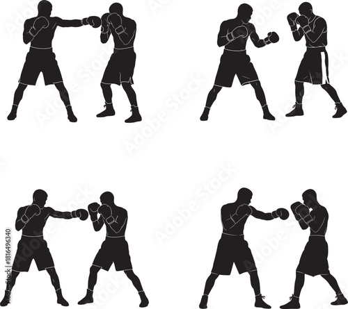 Boxing Sport Men Fighter Silhouette Vector Set