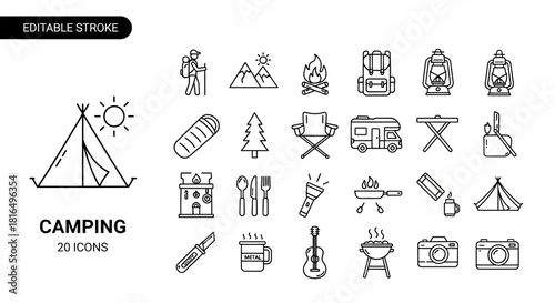 Camping Outline Icons Adventure and Outdoor Recreation