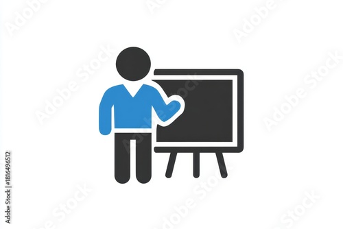 Icon of person presenting at chalkboard with blue shirt