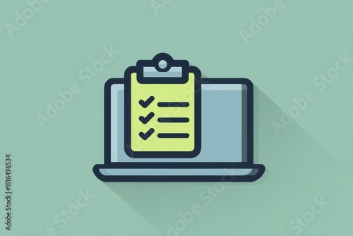 Online task management icon with checklist on laptop for productivity apps