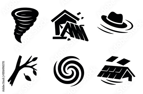 Disaster icons: tornado, earthquake, flood, storm, hurricane, roof damage