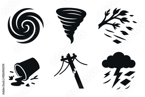 Black disaster icons: hurricane, tornado, storm, flood, power outage, lightning