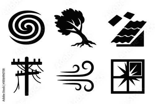 Natural disaster icons: storm, tree, roof, power lines, wind, broken window