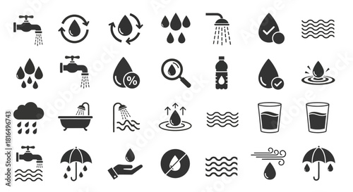 Extensive Collection of Water Icons Illustrating Conservation, Usage, and Hydration Themes for Environmental Projects, Health Campaigns, and Everyday Concepts