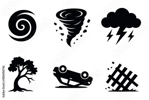 Natural disaster icons: tornado, storm, tree, flood, hurricane, damage