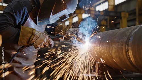 A welder wearing a protective helmet and gloves works on a large metal pipe in an industrial factory. Bright sparks fly from the welding process, illuminating the scene.