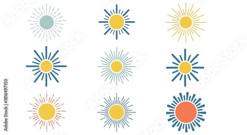 Collection of Stylized Sun Icons for Design and Illustration Projects - Various Colors and Styles