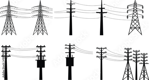 Electric power transmission towers and utility poles vector set, high voltage lines infrastructure, black silhouette energy grid illustration design