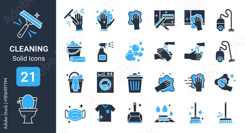 Cleaning and Sanitation A Set of 21 Solid Icons for a Spotless Environment, vector format