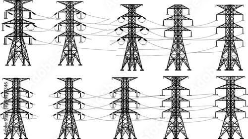 Collection of high voltage transmission tower silhouettes with power lines, electric grid infrastructure, energy distribution network, industrial utility vector illustration