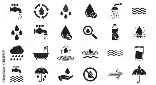 Sleek and modern water icon set featuring symbols for liquid, faucets, rain, waves, and environmental concepts in a simple glyph style
