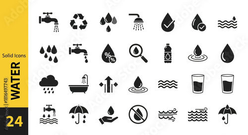 A comprehensive set of solid glyph icons depicting water-related themes like conservation, sanitation, weather, and household use