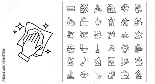 Cleaning Icon Set Hand Wiping Surface, Household Chores, Hygiene Symbols, Vector Outline Graphics