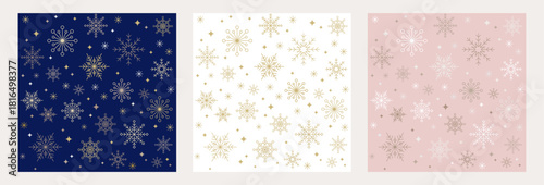 Simple Christmas background, geometric minimalist pattern with golden snowflakes. Retro Xmas concept design