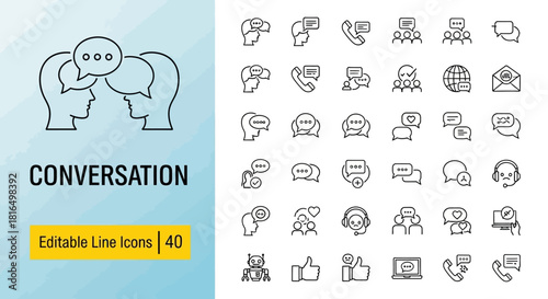 Conversation & Communication Line Icons Dialogue, Speech Bubbles, Call Center