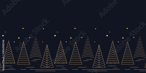 Seamless winter background pattern with linear Christmas trees and snowflakes. Merry Christmas and happy holidays