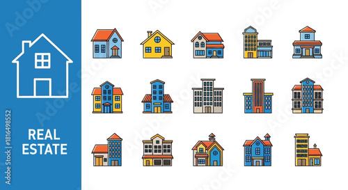 Collection of Diverse Real Estate Building Icons Representing Various Architectural Styles and Property Types