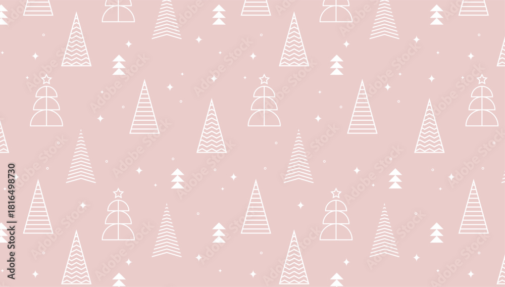 Naklejka premium Seamless winter background pattern with linear Christmas trees and snowflakes. Merry Christmas and happy holidays