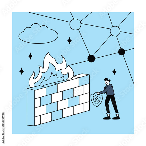 A man with a shield protects a brick wall from a network attack, symbolizing cybersecurity and data protection