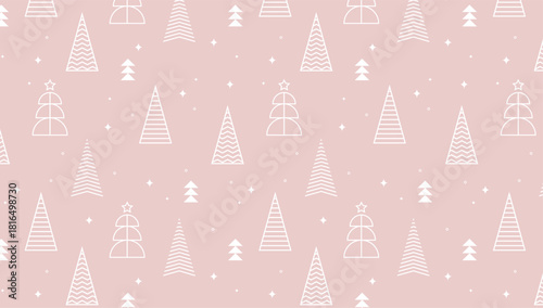 Seamless winter background pattern with linear Christmas trees and snowflakes. Merry Christmas and happy holidays