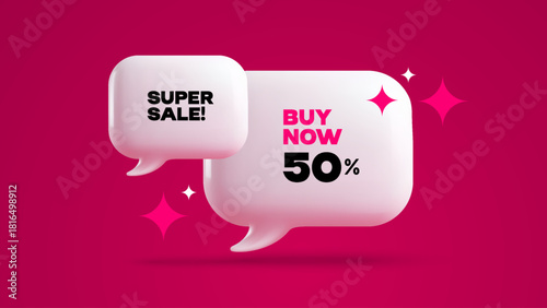 Glossy 3D style discount speech bubbles. Special offer symbol. Message box for review and chat UI. Banner, website header, social post, event promotion concept. Vector illustration.